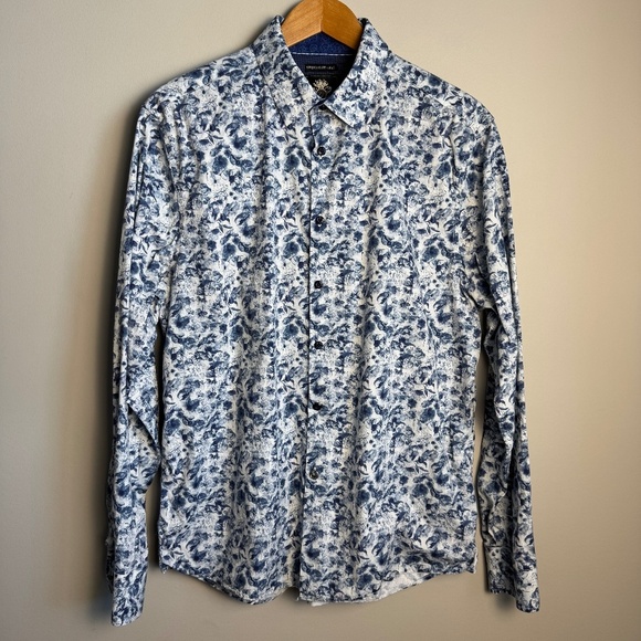 English Laundry Men's Long Sleeve Floral Button Up Flip Cuff Shirt Blue XL - Picture 1 of 16